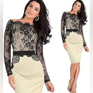 NWT Emamoda Champagne Black Lace Off Shoulder Mini Dress Semi Formal Medium